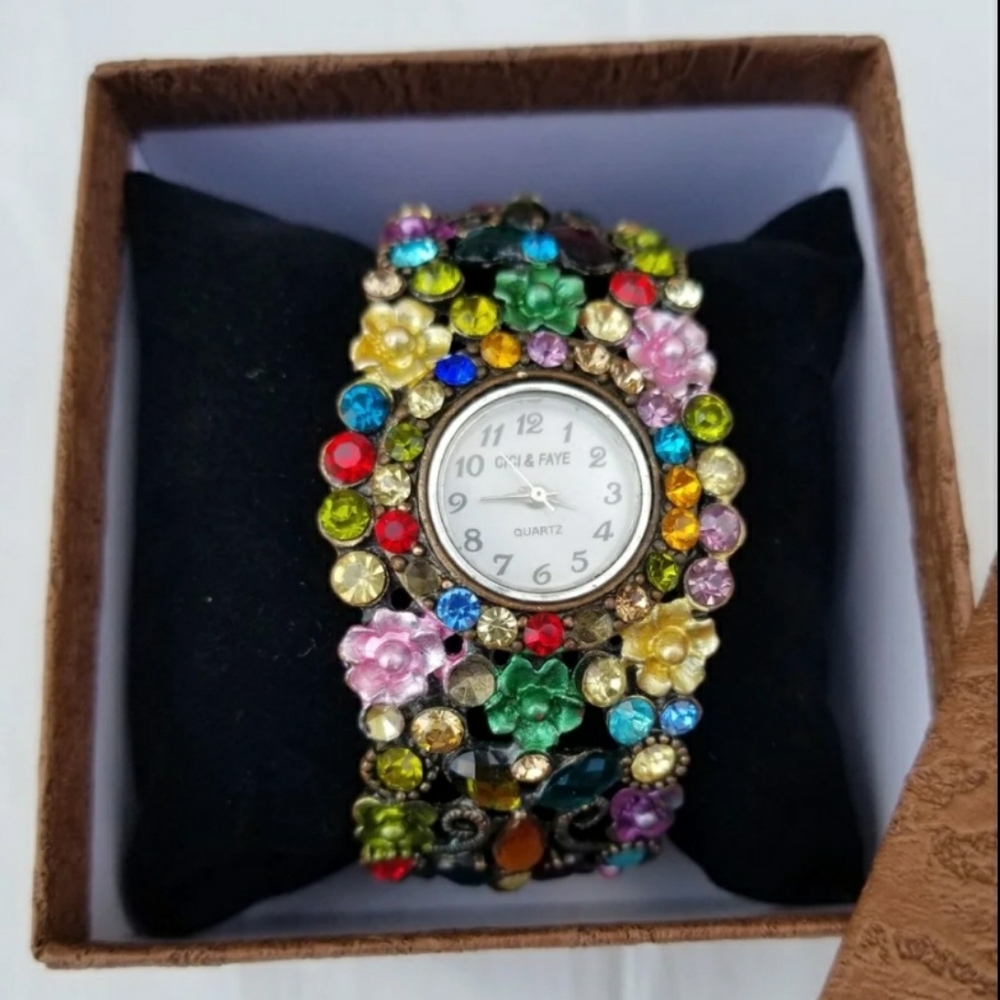 Vintage Multicolored roses hinge watch